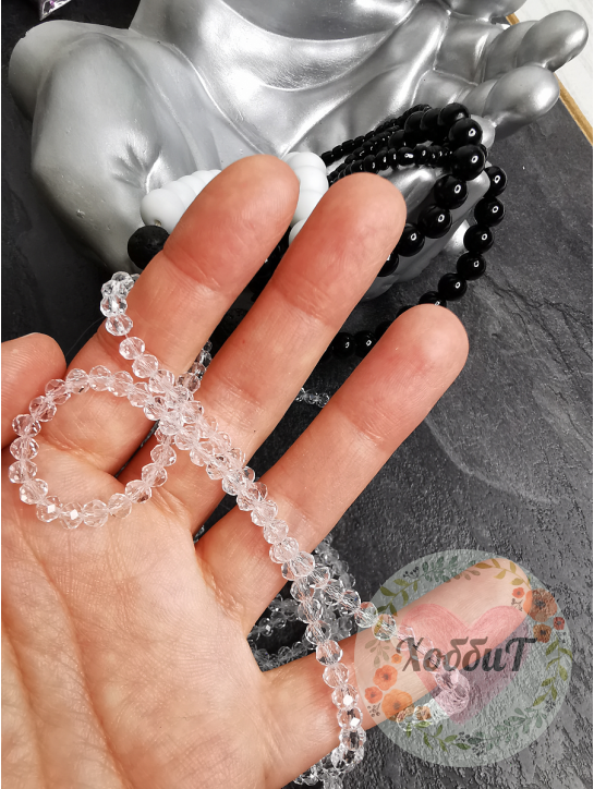 Бусины стеклянные граненные Rondelle, на леске, нить 38см, 4мм (белый прозрачный)