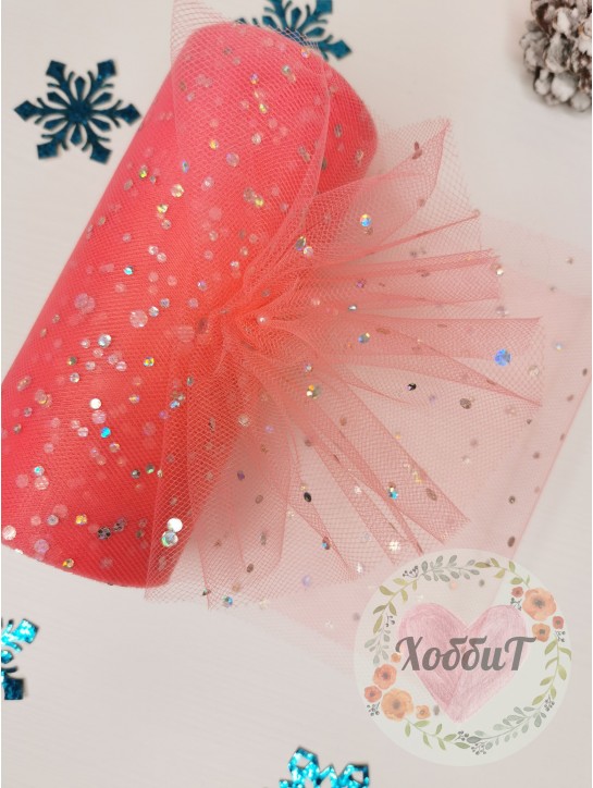 Фатин с пайетками "Горох" 15см (коралловый)