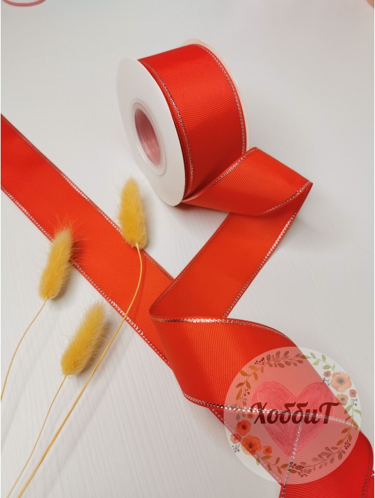 Лента репсовая с серебряным люрексом 4см. (красный), БОБИНА 20ярд