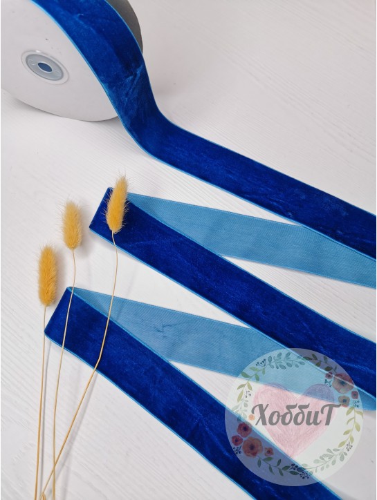 Лента бархатная 4см. (синий), ОСТАТОК ОТРЕЗ 45 см