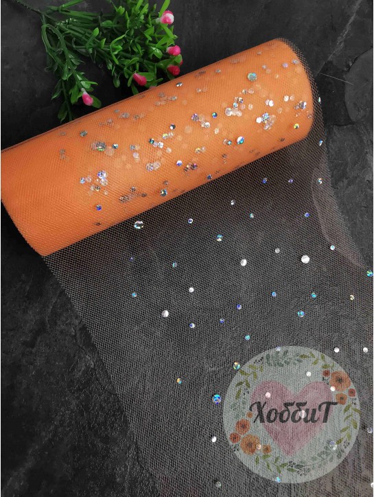 Фатин с пайетками "Горох" 15см (персиковый), УЦЕНКА