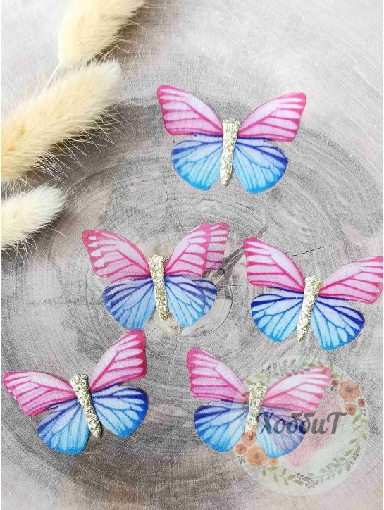 Бабочки шифоновые средние 4,5см. №49 (розовый/голубой)