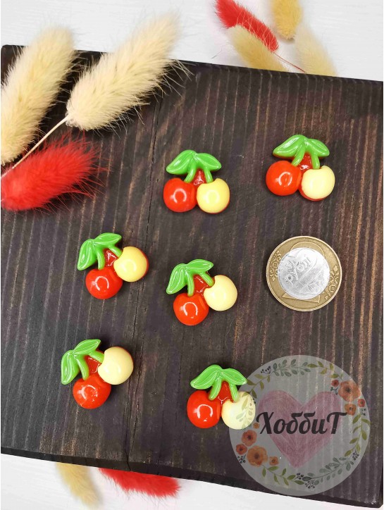 Кабошон "Вишенки" 2*2см (красно-желтый)