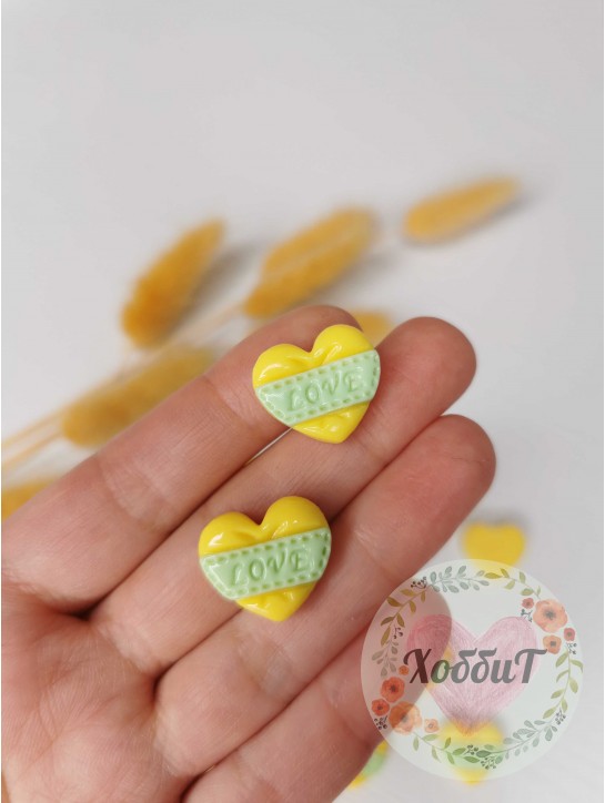 Кабошон "Сердечко Love" (желтый/аквамариновый)
