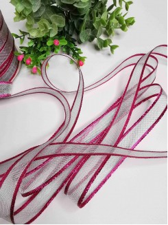 Лента парчовая с декоративным краем 1,5см. (серебро/фукси), 5 метров