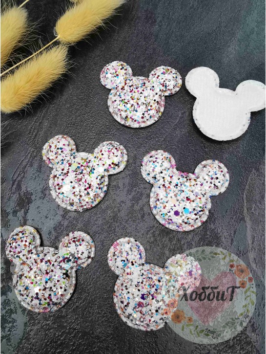 Патч 3D россыпь пайеток  "Микки Маус" 4*3,8см. (белый/розовый)