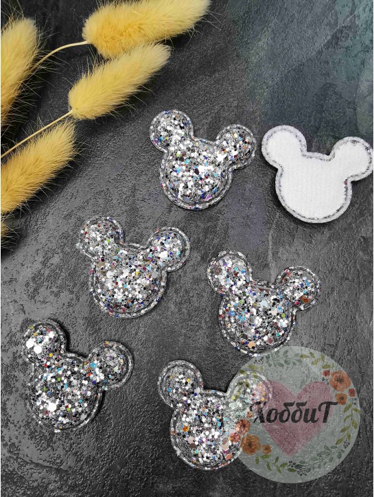 Патч 3D россыпь пайеток  "Микки Маус" 4*3,8см. (серебро)