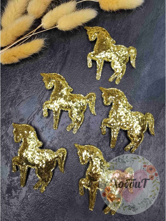 Патч 3D россыпь пайеток  "Единорог" 6*5см. (светлое золото)