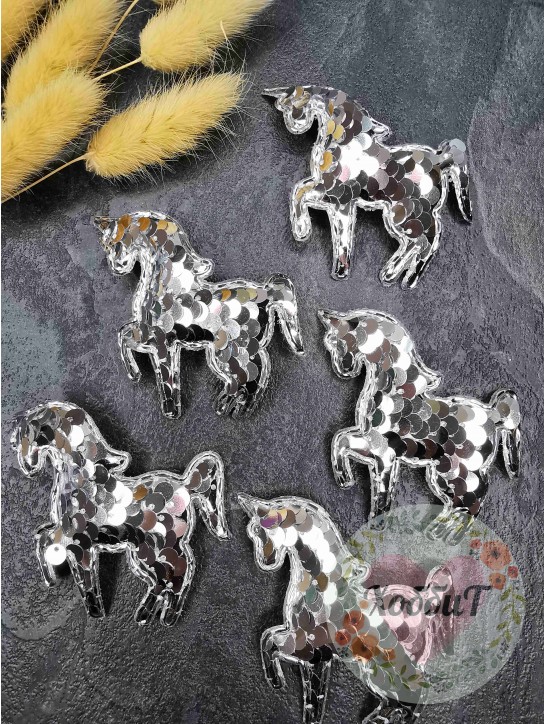 Патч 3D с двухсторонними пайетками "Единорог" 6*5см. (серебро)