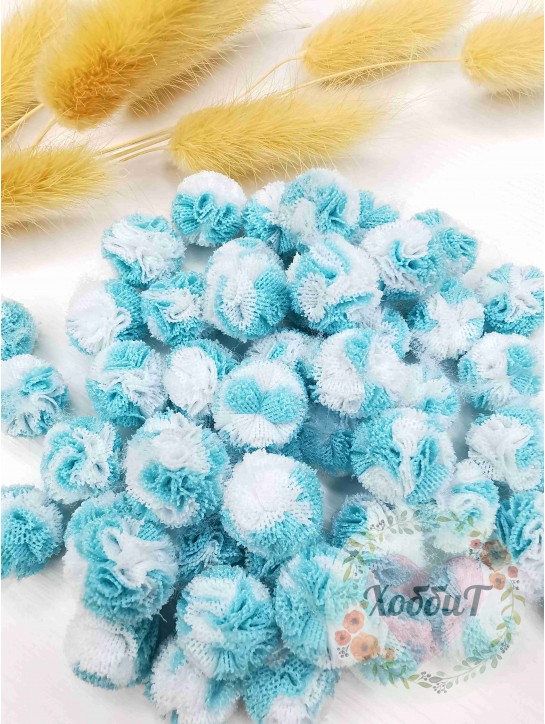 Помпоны декоративные 1,5см. (белый/аквамариновый), 10 штук