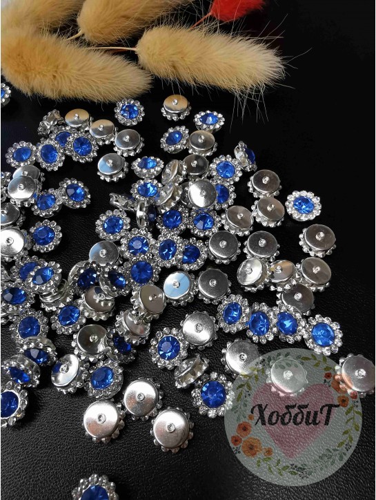 Кабошоны флоризель пришивные "Цветочек" металл 10мм. (серебро/светло-синий)