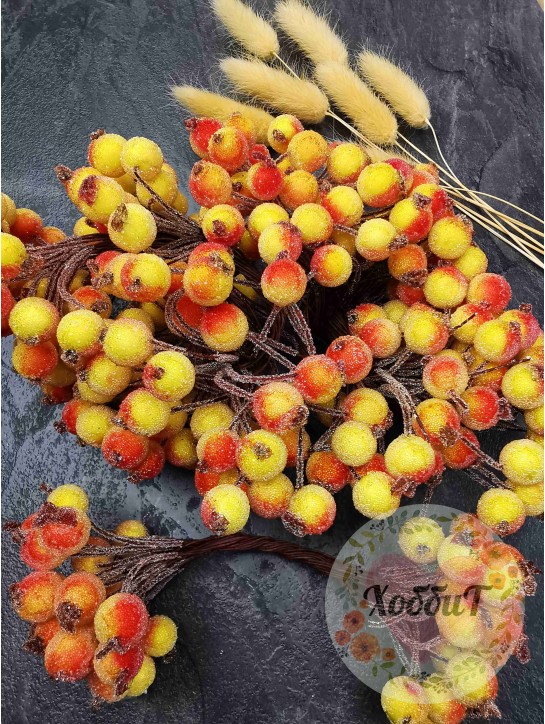 Ягодки на веточке сахарные 12мм (красно-желтый), пучок 40 ягод