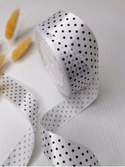 Лента атласная в горошек 1,5см. бобина 22-23метра (белый)