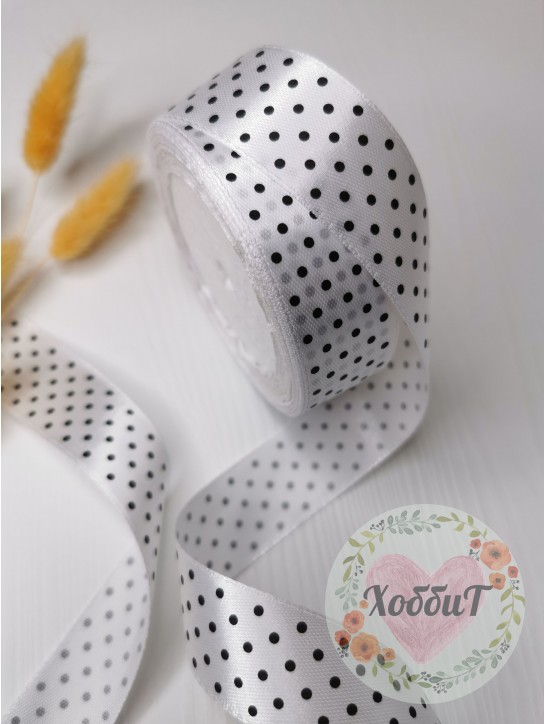 Лента атласная в горошек 1,5см. бобина 22-23метра (белый)