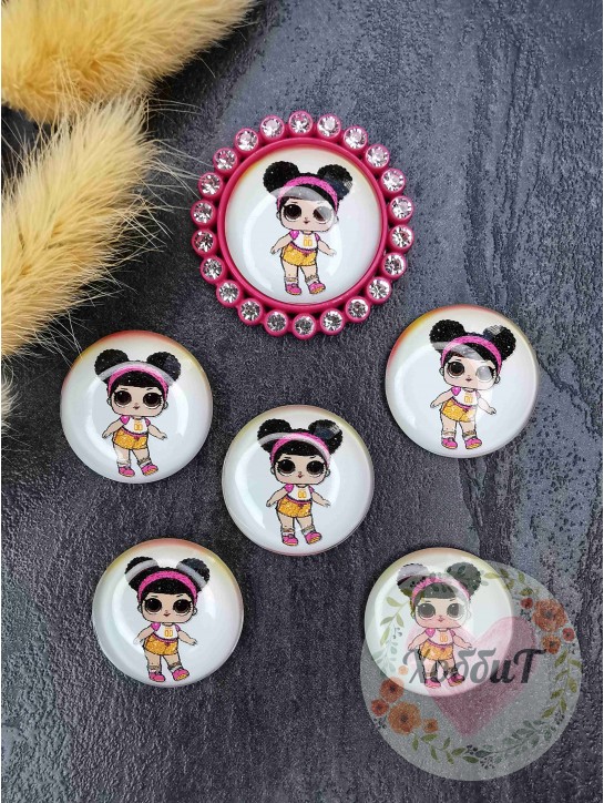 Кабошоны-фишки 25мм. (Лол с розовым ободком и двумя гульками) №326, стекло