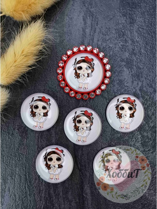 Кабошоны-фишки 25мм. (Лол с ободком и красным бантиком) №40, стекло