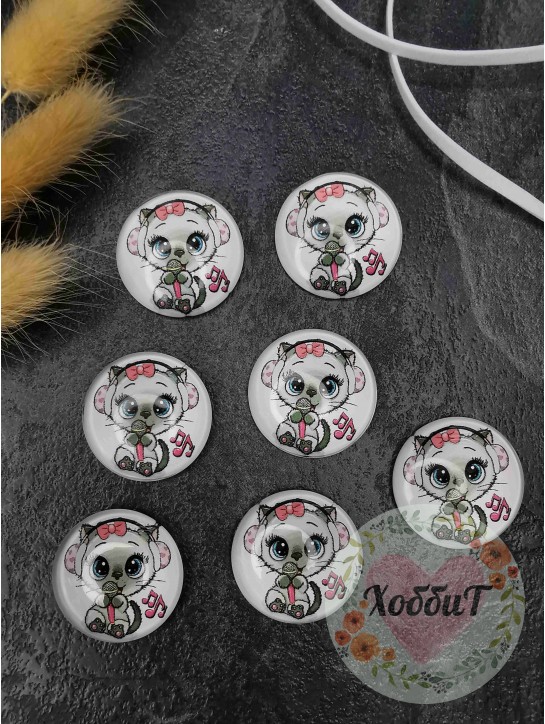 Кабошоны-фишки 25мм. (Котенок в наушниках) №21, стекло