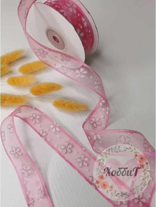 Лента органза "Цветочки с блестками" 2,5см (розовый)