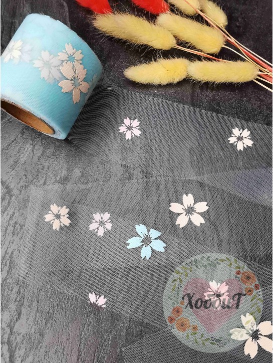 Фатин "Цветочки" 5,5см (аквамариновый)