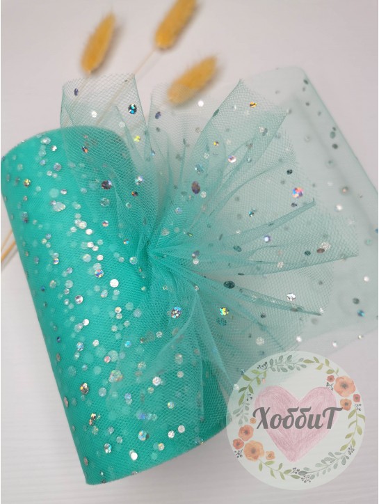 Фатин с пайетками "Горох" 15см (аквамариновый)