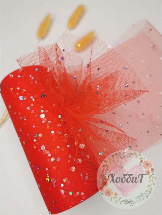 Фатин с пайетками "Горох" 15см (красный)